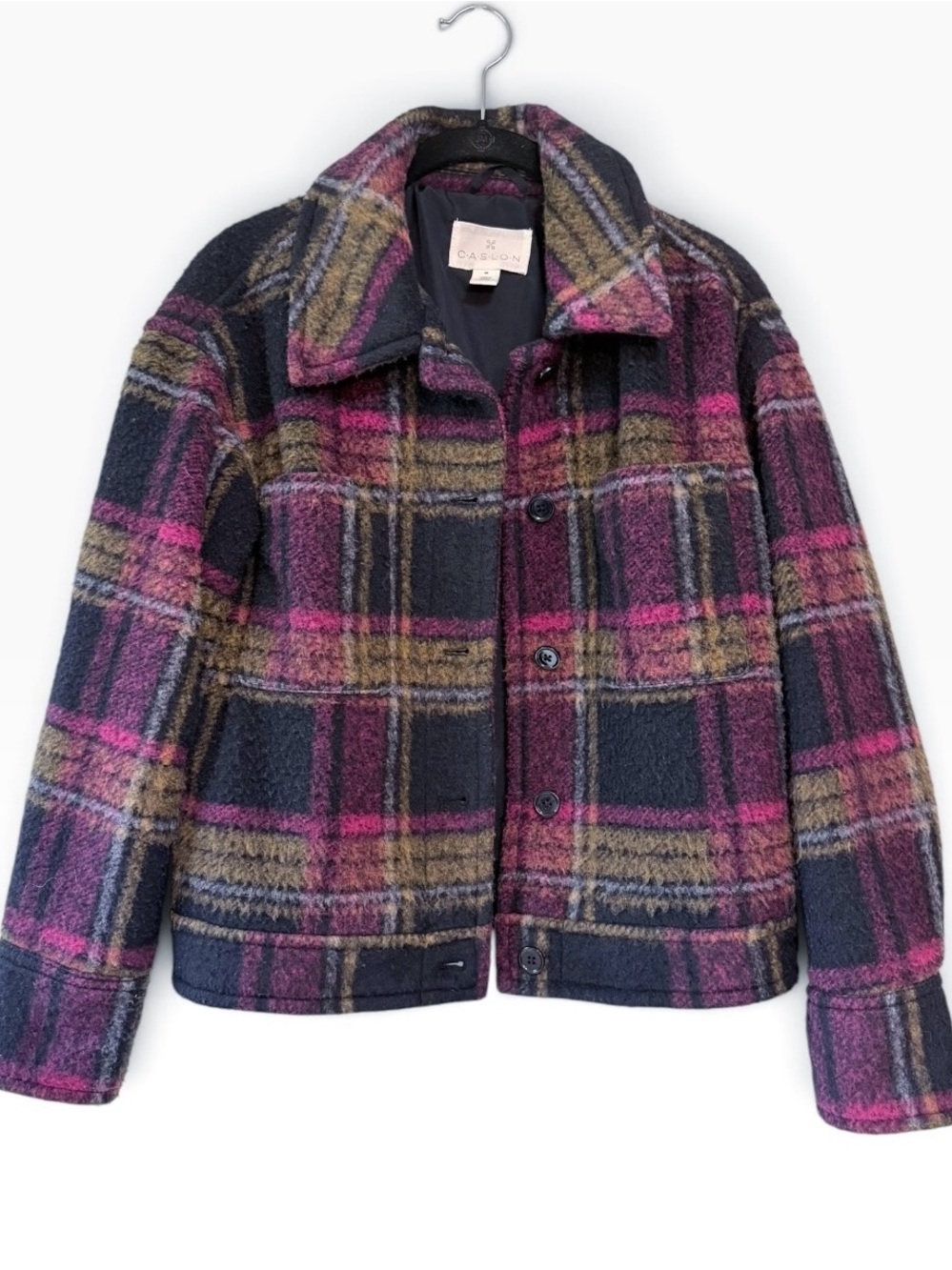 Caslon Plaid Cropped Cozy Jacket Navy Pink Size XS (fit's like a small)